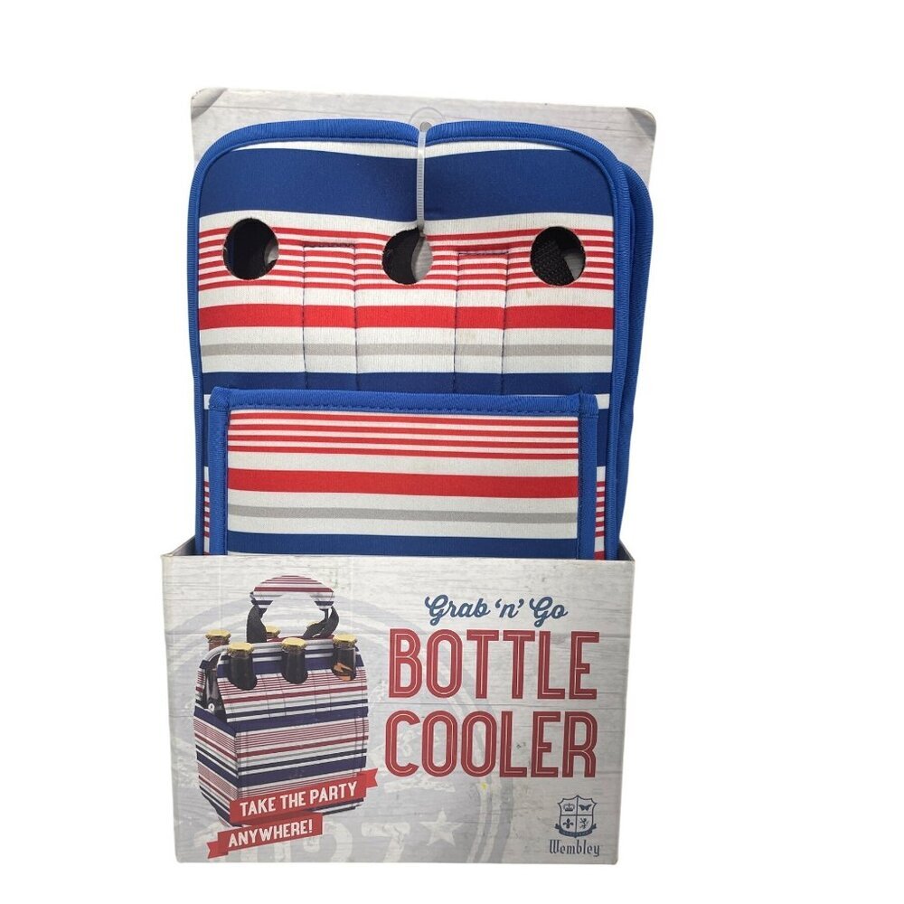 Grab N Go Bottle Cooler Handle 6 Bottles Striped Insulated Red/White/Blue